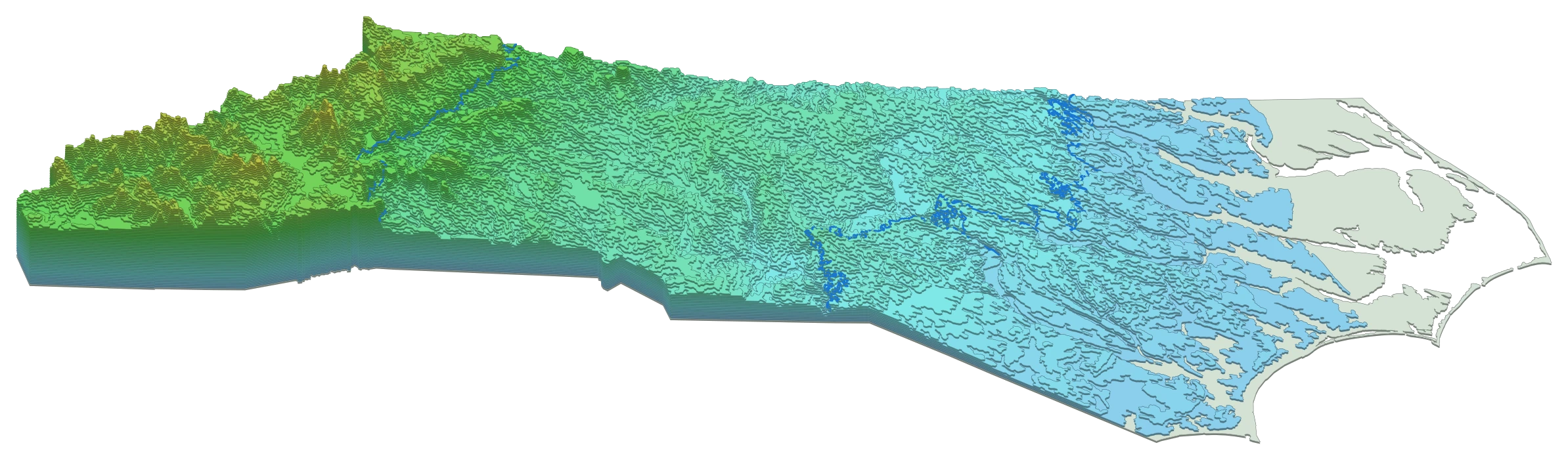 Angled QGIS visualization of layered North Carolina terrain, with dense mountain contours in the west and low coastal terrain in the east.