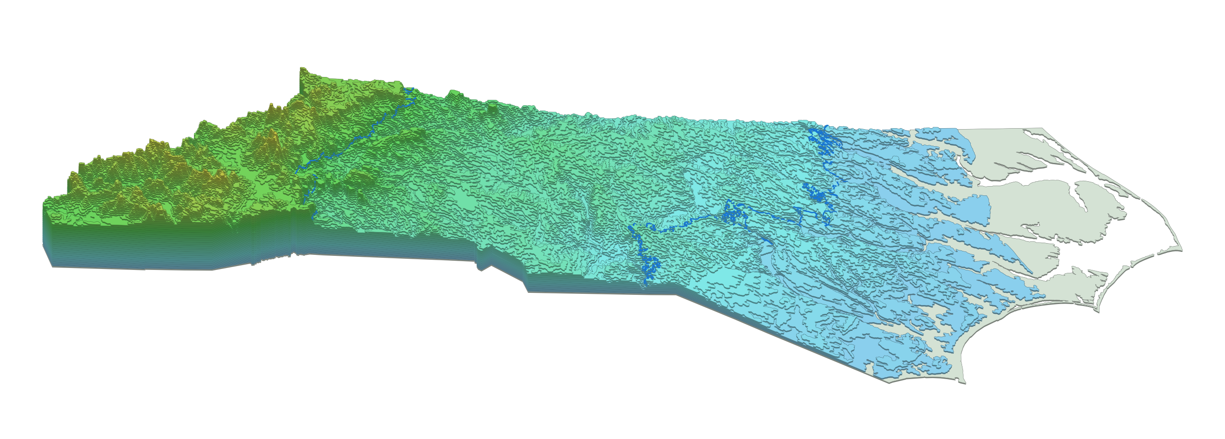 QGIS view of the layered North Carolina topographic map.
